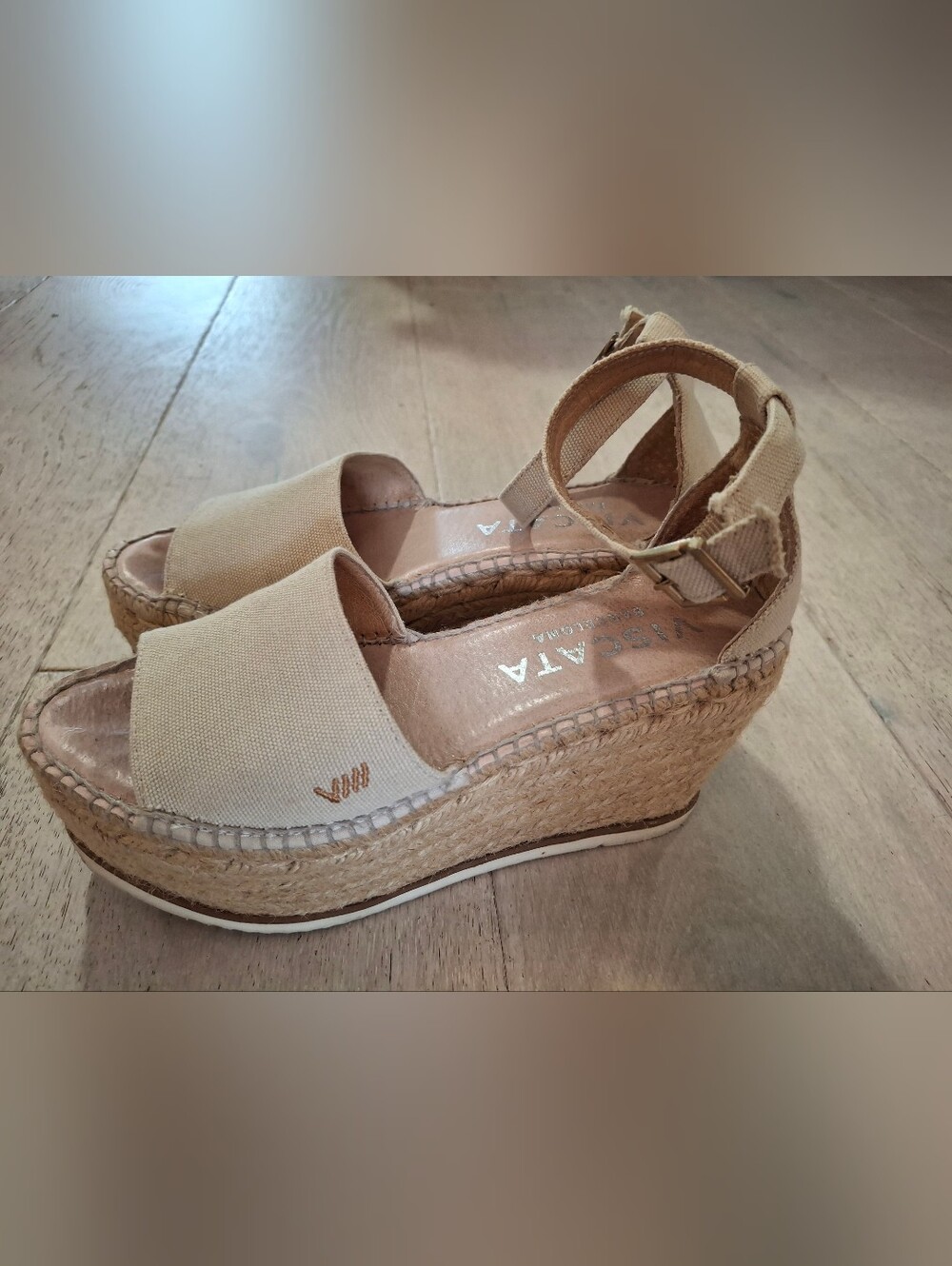 Viscata Barcelona Neutral Beige Espadrille Wedge Sandals with Ankle Tie